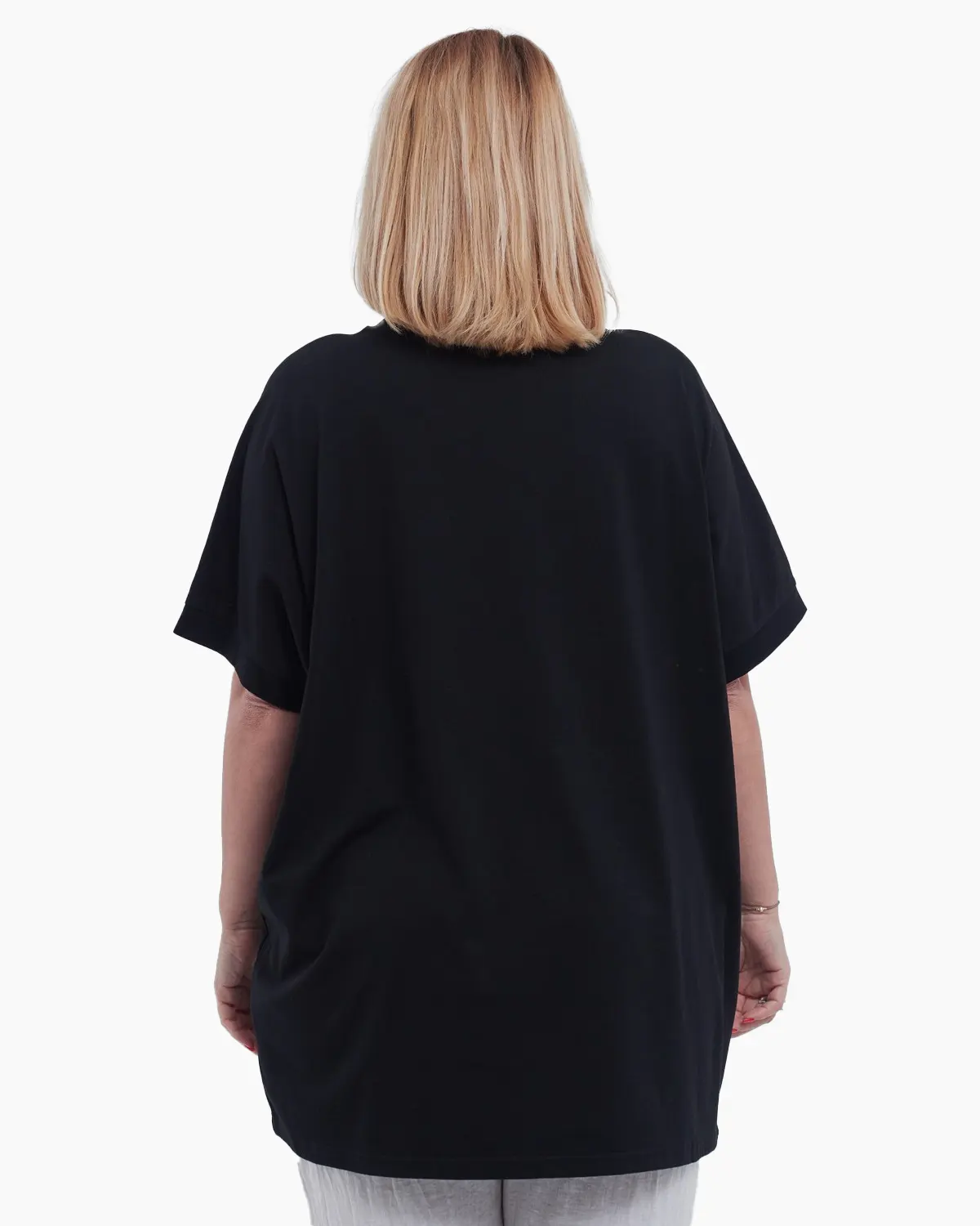 Tricou lung casual din bumbac usor elastic cu umeri cazuti imprimeu abstract modern croiala lejera talie unica negru [3]