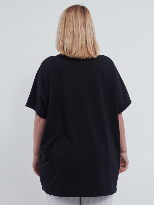 Tricou lung casual din bumbac usor elastic cu umeri cazuti imprimeu abstract modern croiala lejera talie unica negru [3]