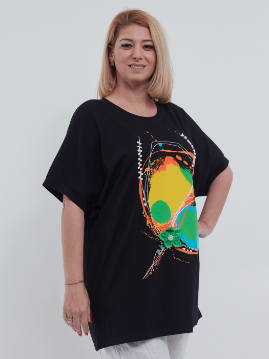 Tricou lung casual din bumbac usor elastic cu umeri cazuti imprimeu abstract modern croiala lejera talie unica negru [4]