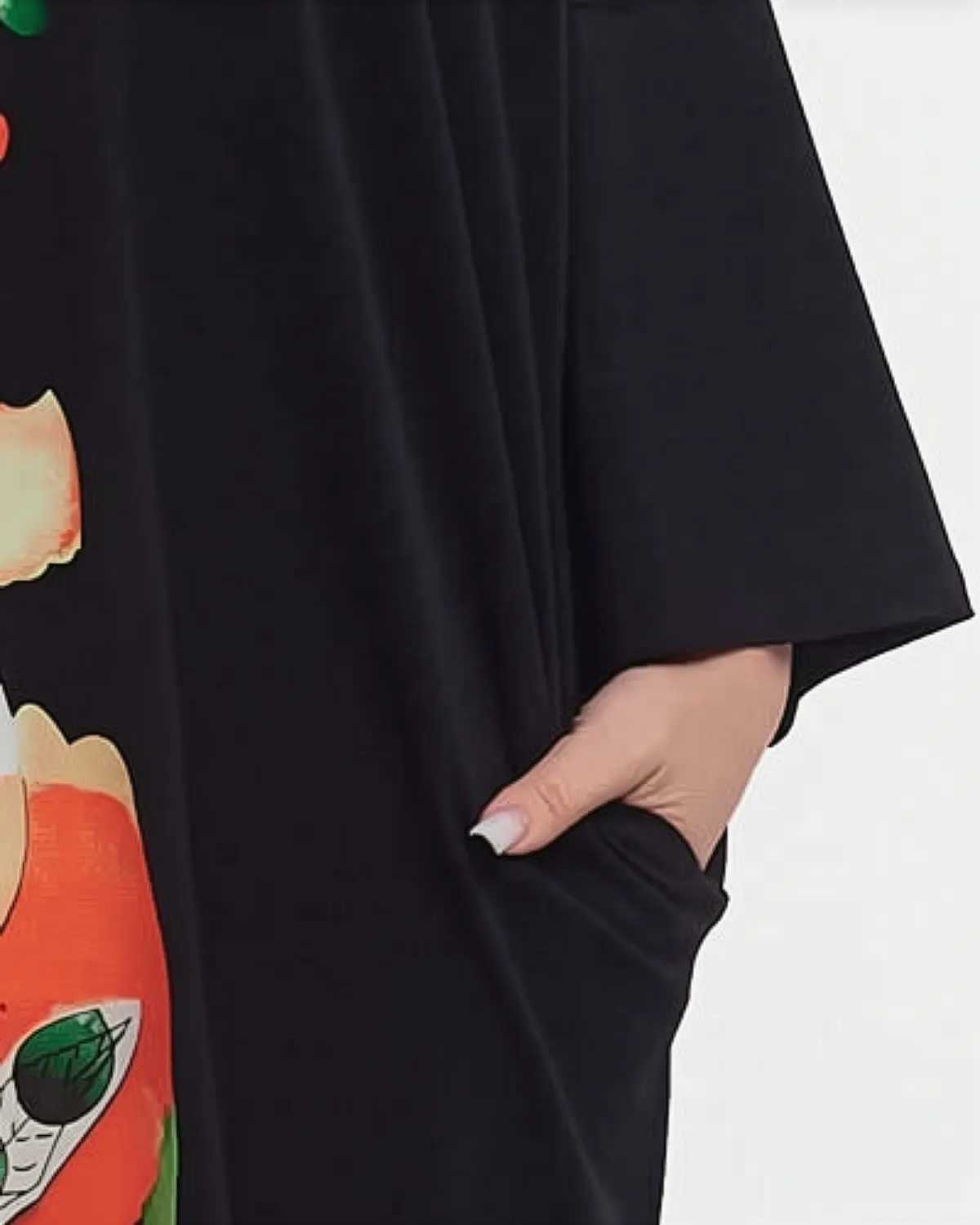 Tricou negru streetwear chic tip tunică cu paiete și imprimeu floral [4]
