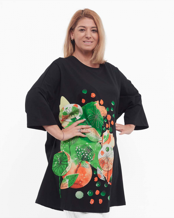 Tricou negru streetwear chic tip tunică cu paiete și imprimeu floral [3]