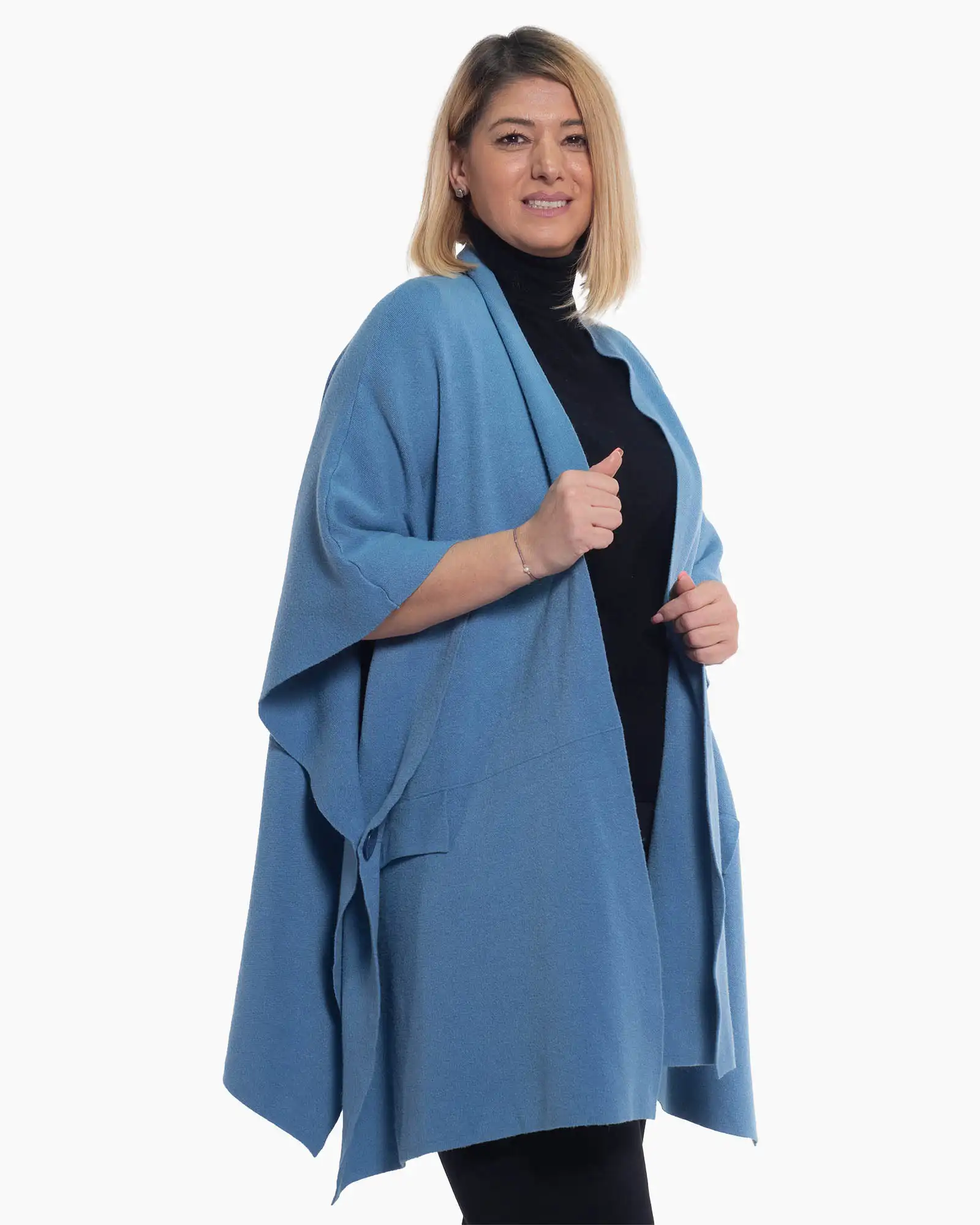 Vestă albastră lungă, casual, cu mâneci kimono și design fluid [3]