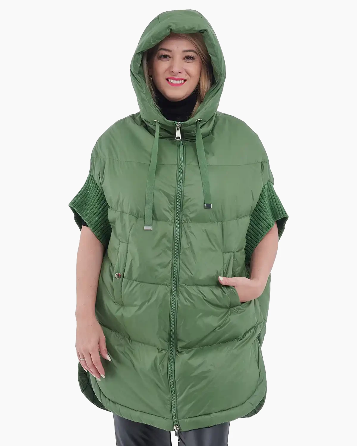 Vestă matlasată cu mâneci kimono, glugă nedetașabilă, verde [3]