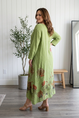 Rochie lunga maxi din in , cu imprimeu floral pictat, fistic [1]