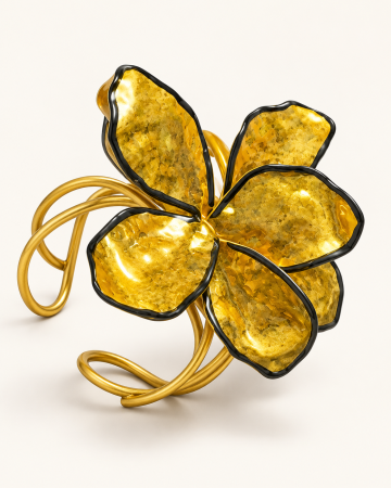 Brățară statement aurie cu floare sculpturală și contur negru [2]