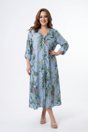 Rochii din Mătase Mărimi Mari - Rochie maxi bleu din in cu imprimeu botanic