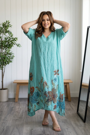 Rochii din Mătase Mărimi Mari - Rochie lunga maxi din in , cu imprimeu floral pictat, turcoaz