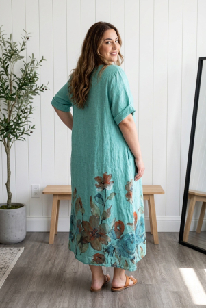 Rochie lunga maxi din in , cu imprimeu floral pictat, turcoaz [1]