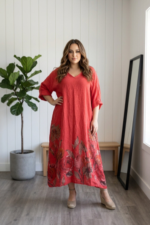 Rochii din Mătase Mărimi Mari - Rochie lunga maxi din in , cu imprimeu floral pictat, rosie