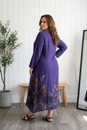 Rochie lunga maxi din in , cu imprimeu floral pictat, mov [2]