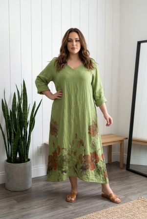 Rochii din Mătase Mărimi Mari - Rochie lunga maxi din in , cu imprimeu floral pictat, fistic