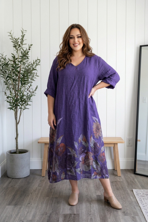 Rochie lunga maxi din in , cu imprimeu floral pictat, mov [1]