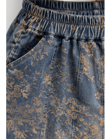 Blugi damă tip balon din denim albastru cu imprimeu floral vintage [2]