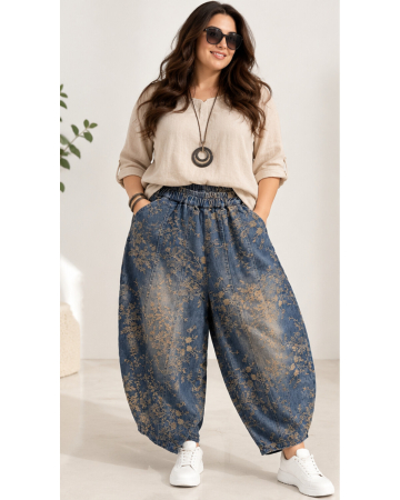 Pantaloni din Bumbac - Blugi damă tip balon din denim albastru cu imprimeu floral vintage