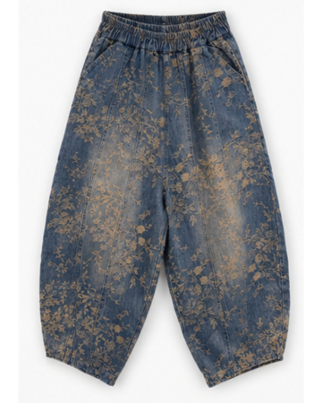 Blugi damă tip balon din denim albastru cu imprimeu floral vintage [4]