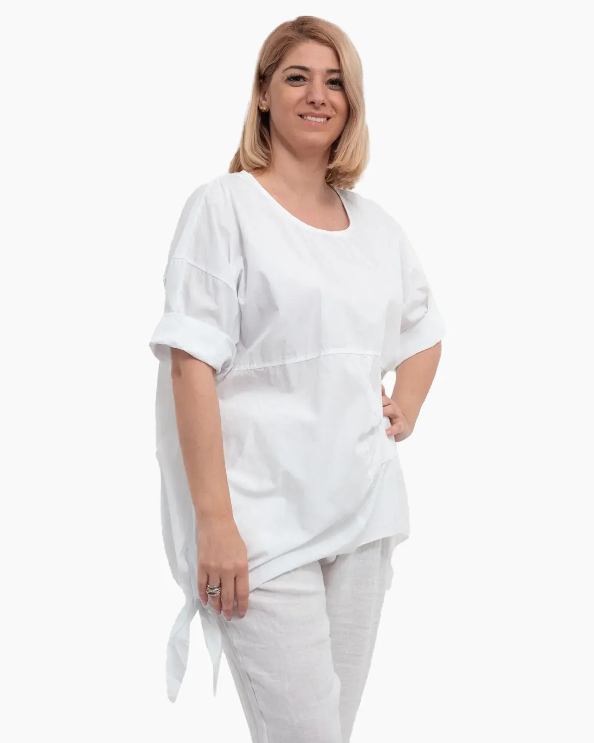 Bluză albă casual din bumbac cu funde laterale și mâneci suflecate [2]