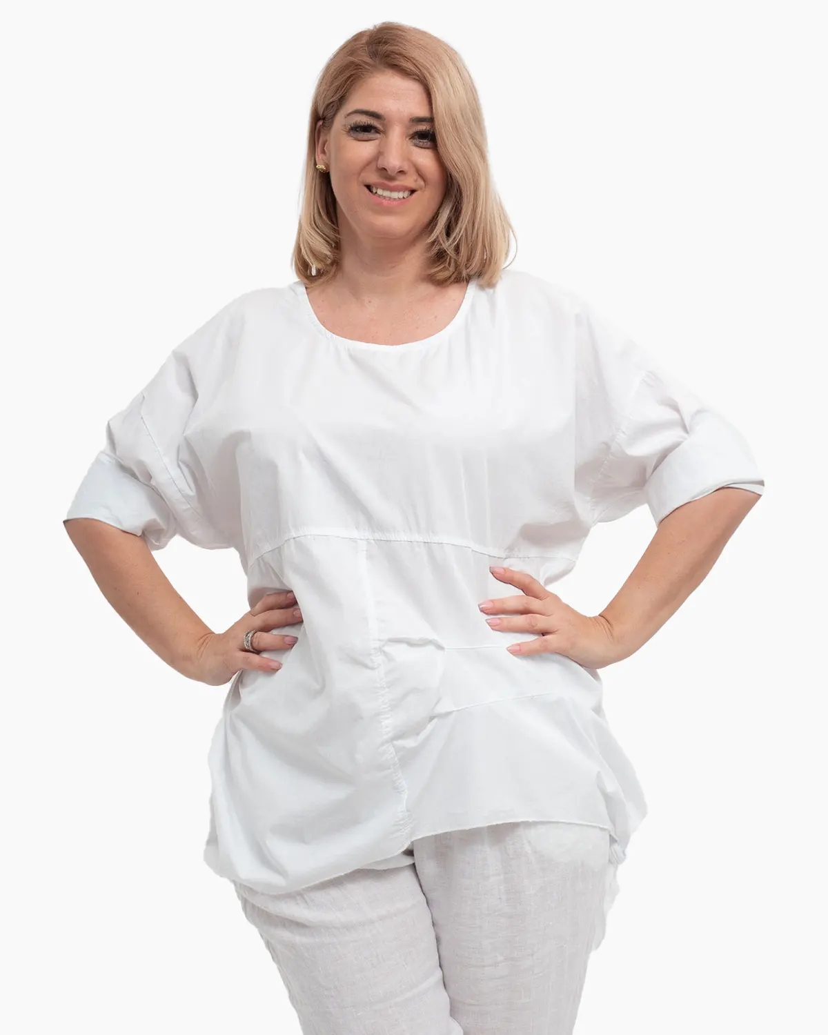Bluze din Bumbac - Bluză albă casual din bumbac cu funde laterale și mâneci suflecate