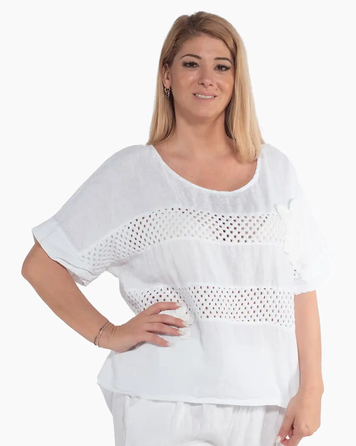 Bluză albă din in cu flori macrame și mâneci lejere kimono [3]