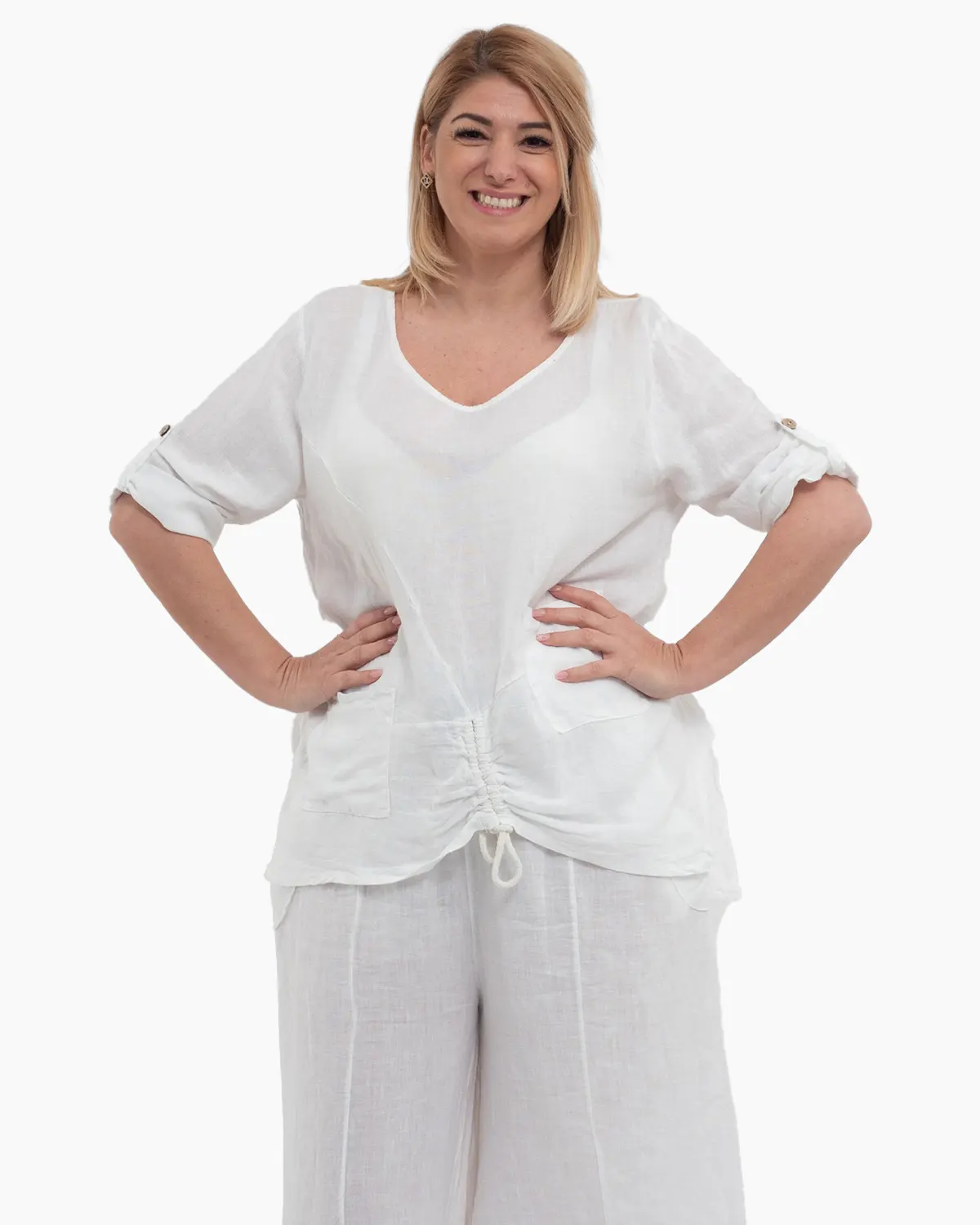 Bluze din In - Bluza alba din in cu maneci trei sferturi si buzunare