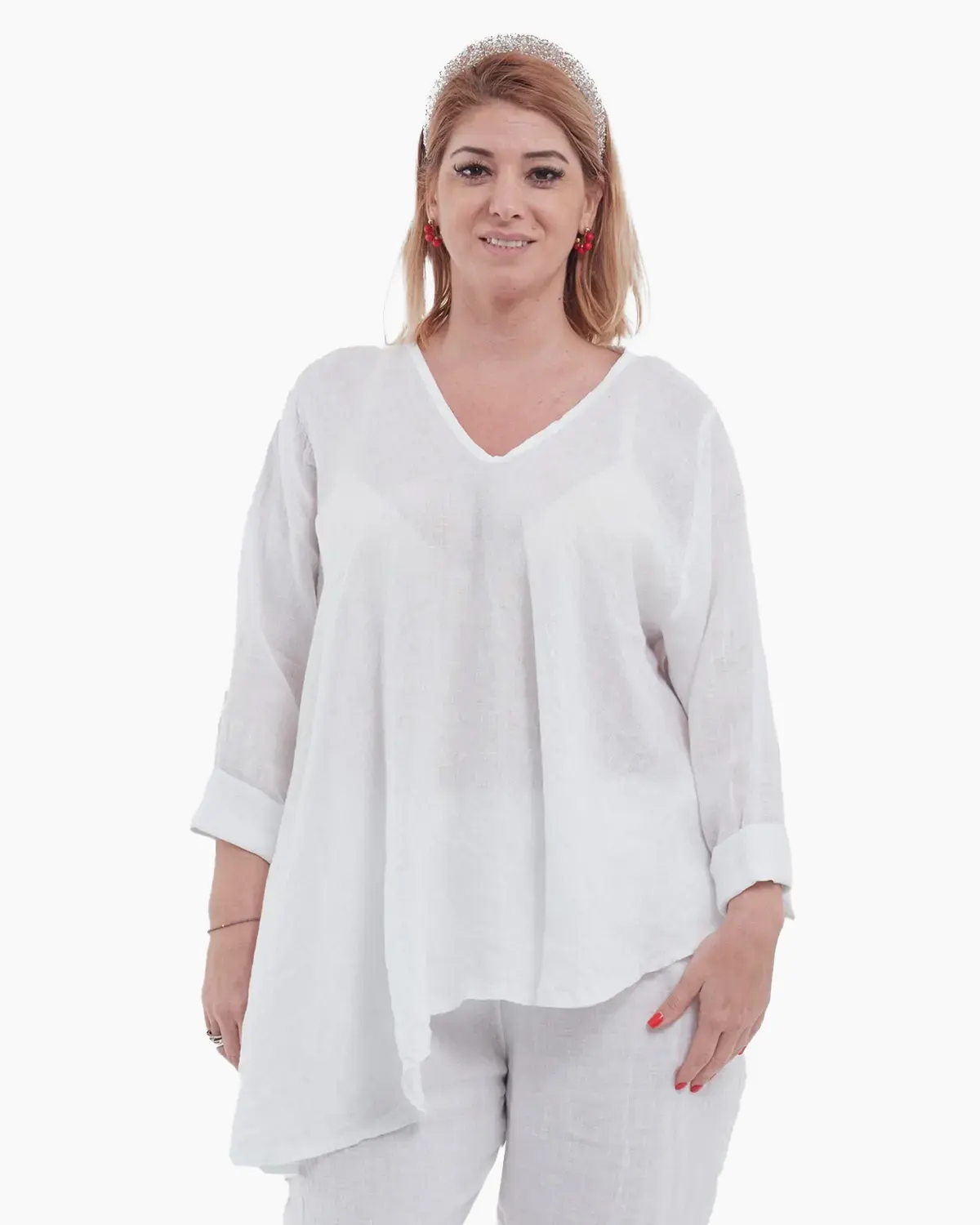 Bluze din In - Bluză albă din in natural cu achior și croială asimetrică casual-chic
