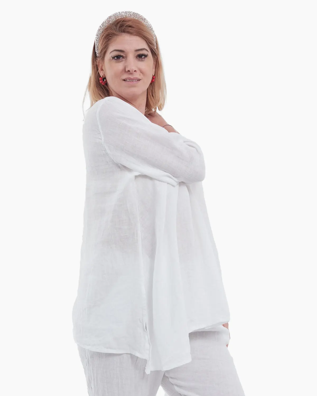 Bluză albă din in natural cu achior și croială asimetrică casual-chic [1]