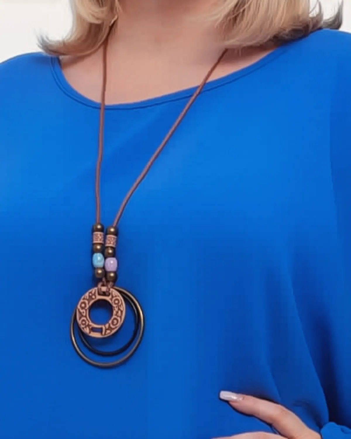 Bluză albastră casual fluidă din vâscoză mărime unică plus-size cu mâneci dolman și colier [4]