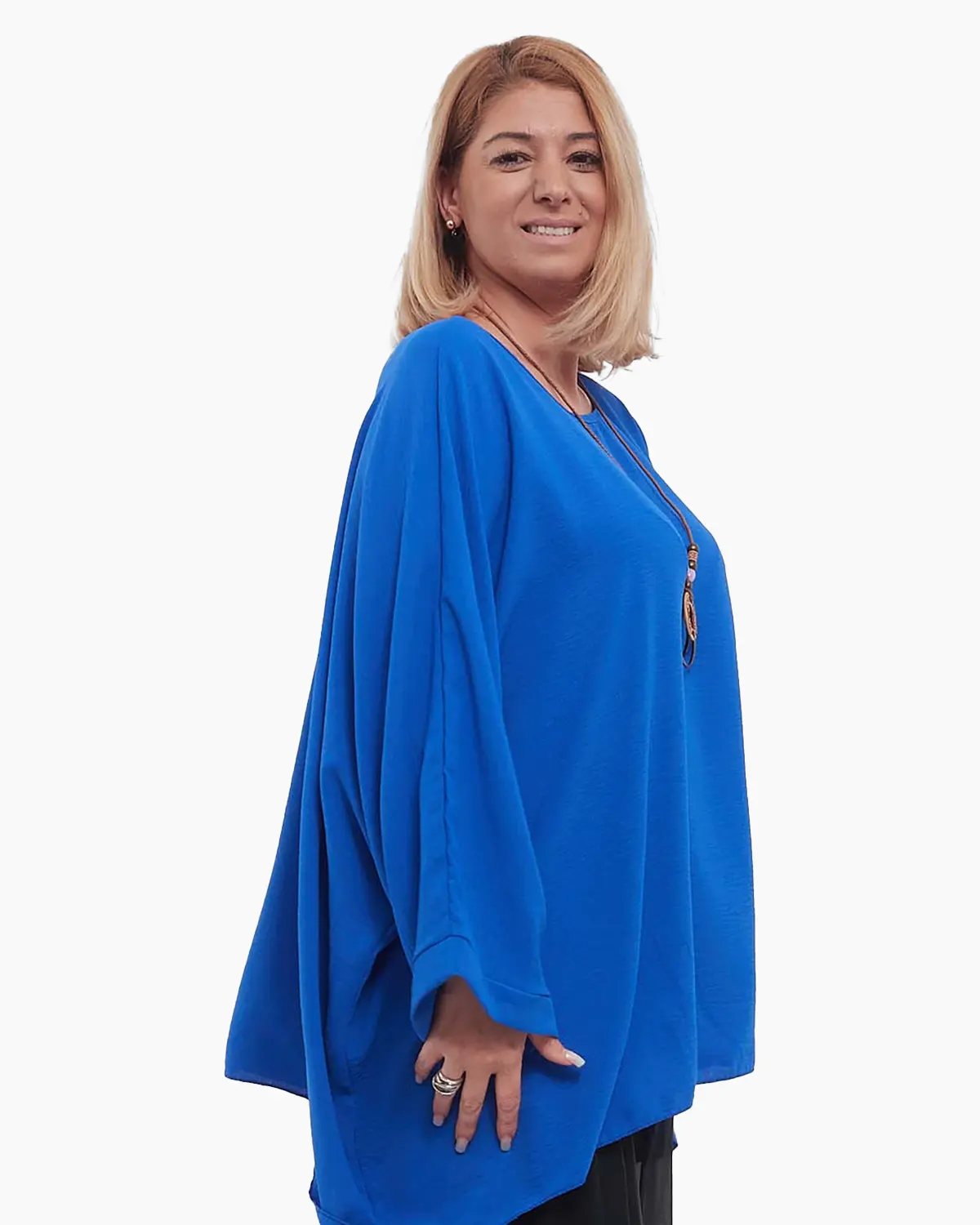 Bluză albastră casual fluidă din vâscoză mărime unică plus-size cu mâneci dolman și colier [2]