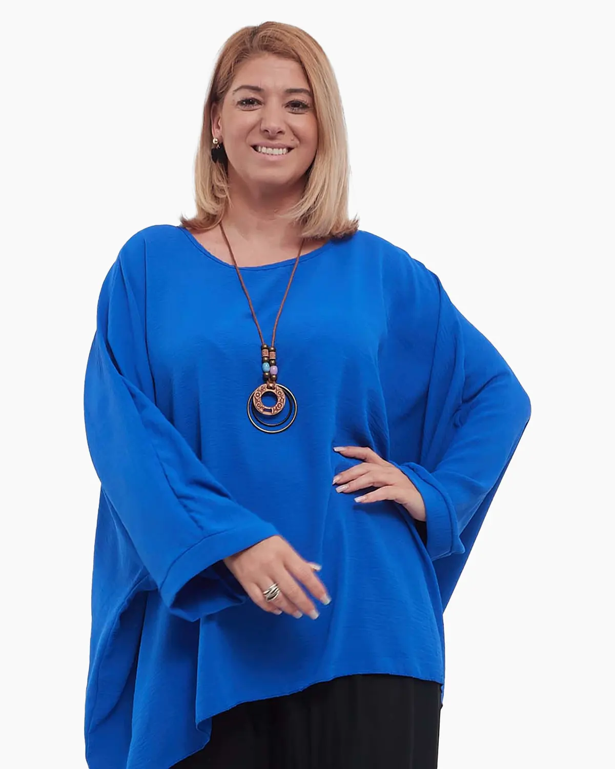 Bluze din Vâscoză - Bluză albastră casual fluidă din vâscoză mărime unică plus-size cu mâneci dolman și colier