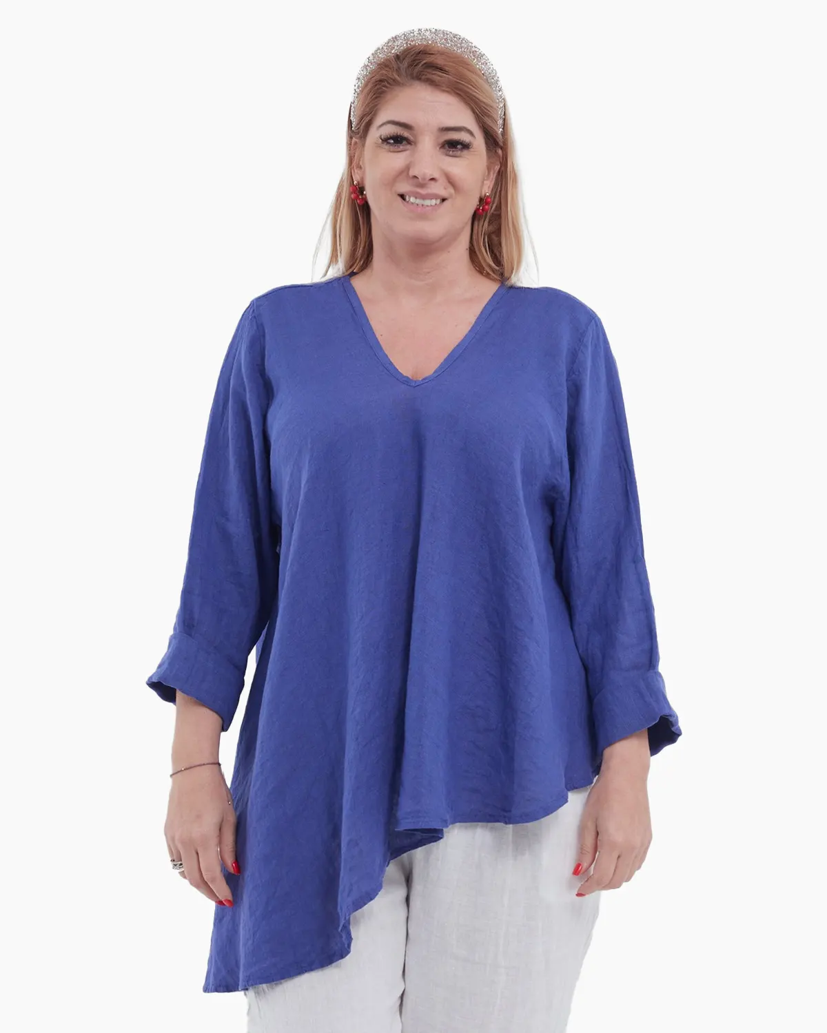 Bluze din In - Bluză albastră din in cu croială asimetrică și achior pentru siluete plinuțe
