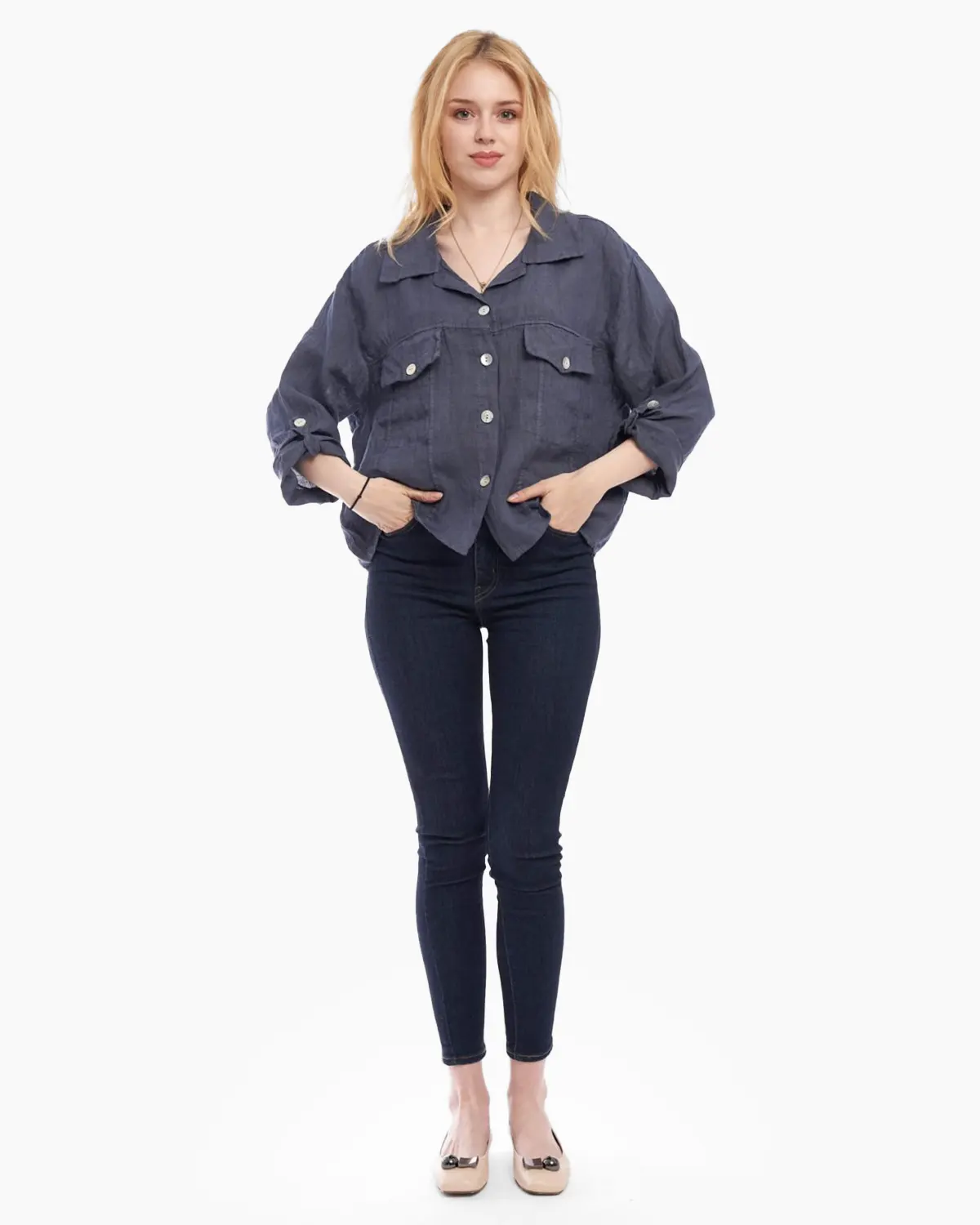 Bluze din In - Bluza albastra din in tip jacheta