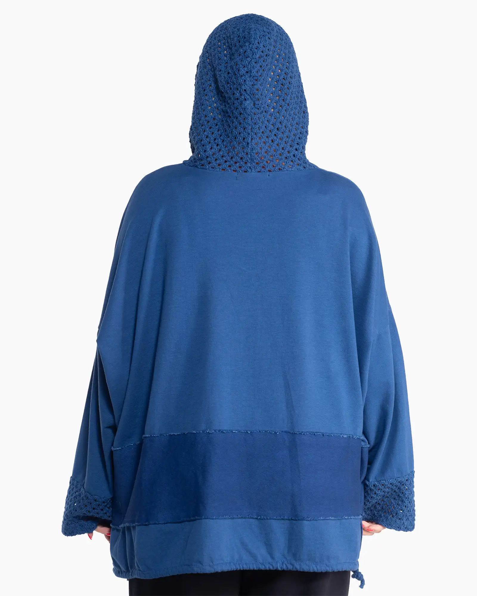 Bluză albastră lejeră din bumbac, cu glugă și manșete delicate din plasă [1]