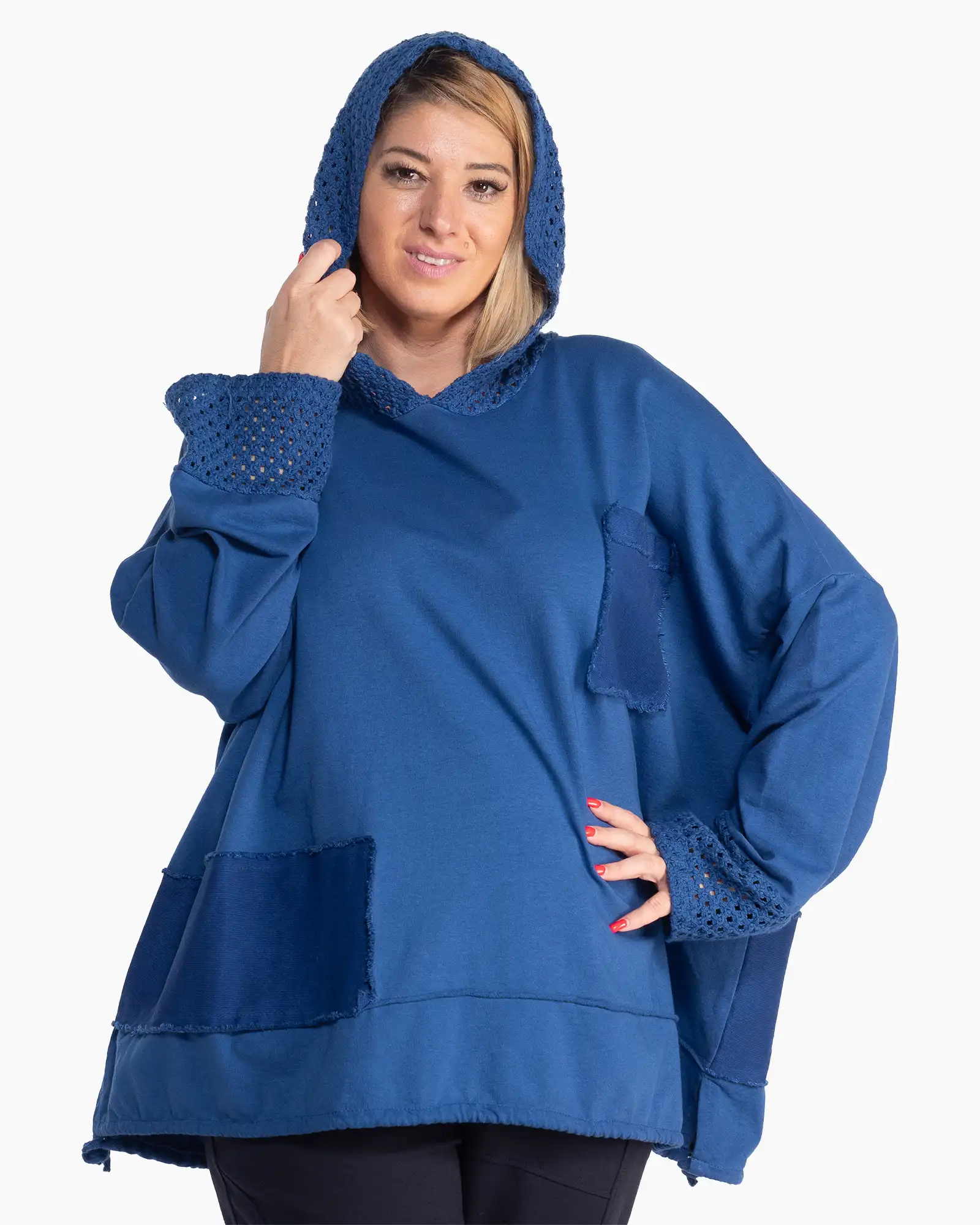 Bluză albastră lejeră din bumbac, cu glugă și manșete delicate din plasă [2]
