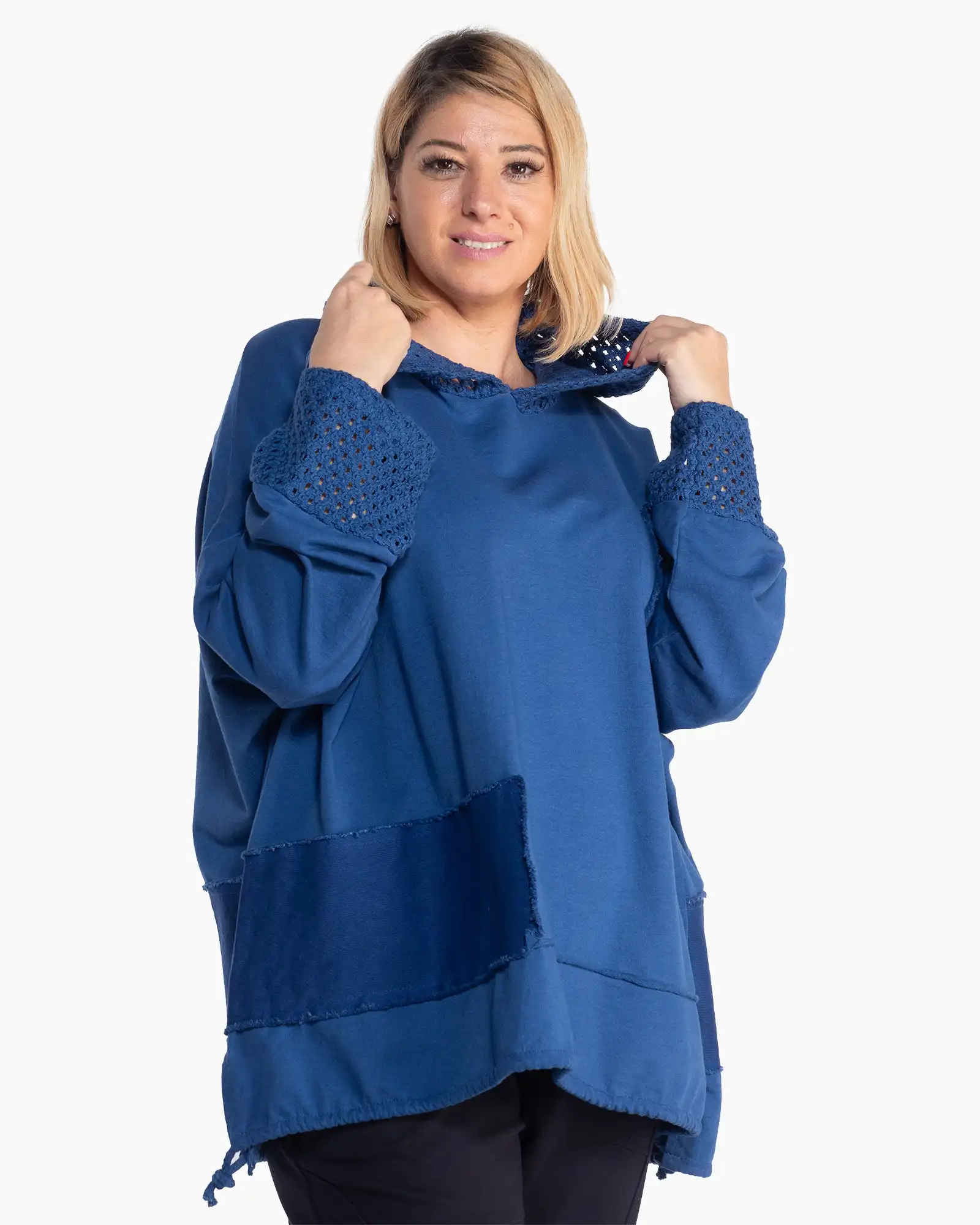 Bluză albastră lejeră din bumbac, cu glugă și manșete delicate din plasă [3]