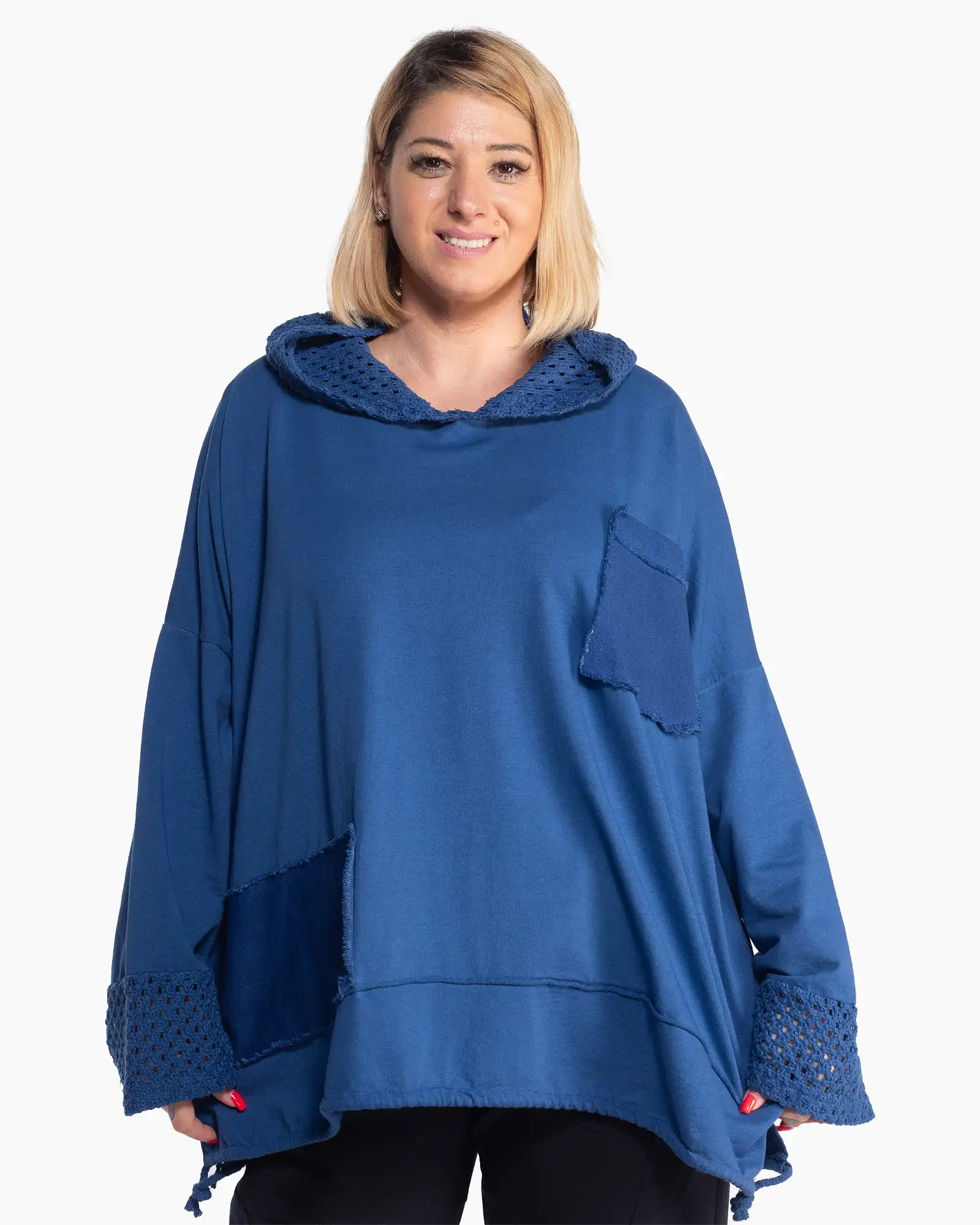 Bluze din Bumbac - Bluză albastră lejeră din bumbac, cu glugă și manșete delicate din plasă