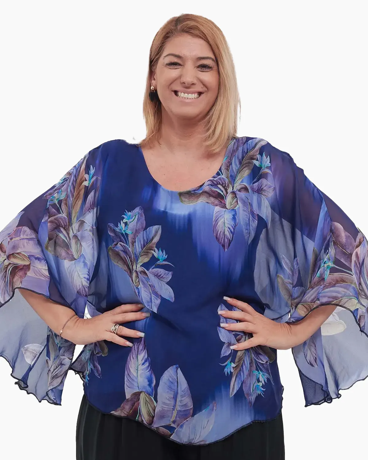 Bluze din Vâscoză - Bluză albastră vaporoasă stil kimono cu imprimeu floral