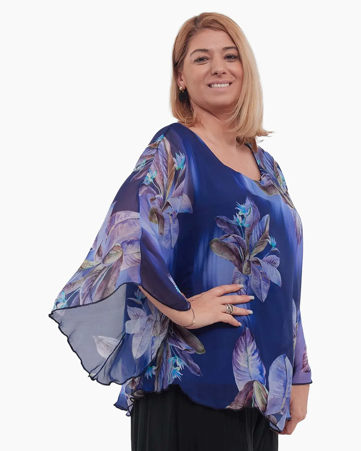 Bluză albastră vaporoasă stil kimono cu imprimeu floral [2]