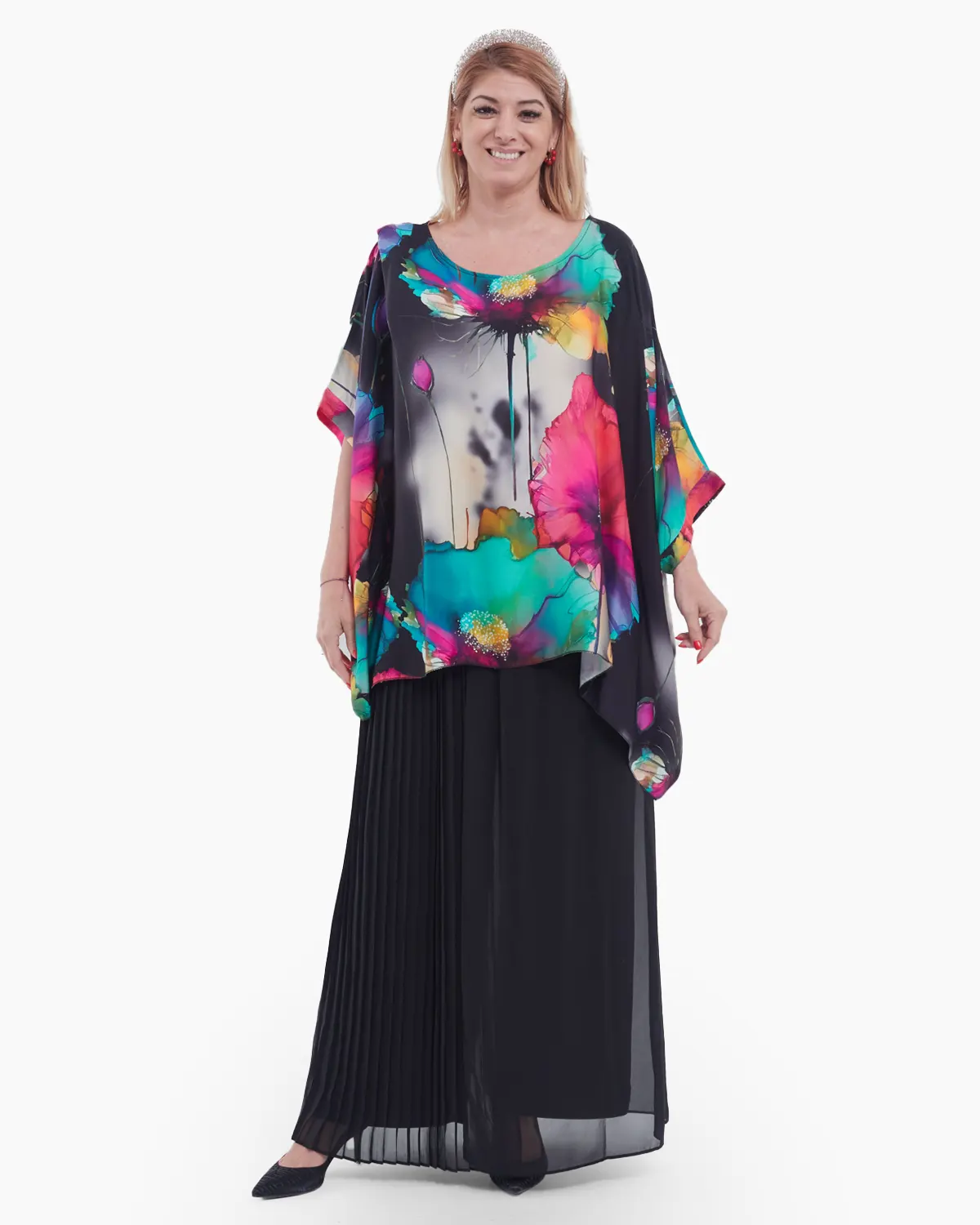 Mărimi mari - Bluza asimetrica eleganta cu imprimeu floral abstract, pe fond bleumarin-model oversize