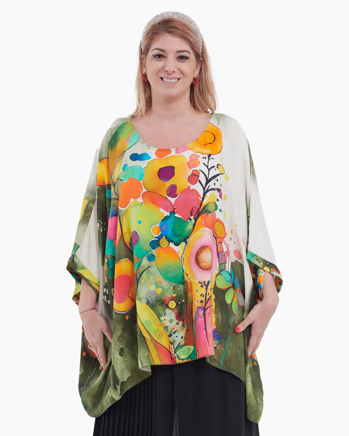 Mărimi mari - Bluza asimetrica eleganta cu imprimeu floral abstract, pe fond crem-model oversize