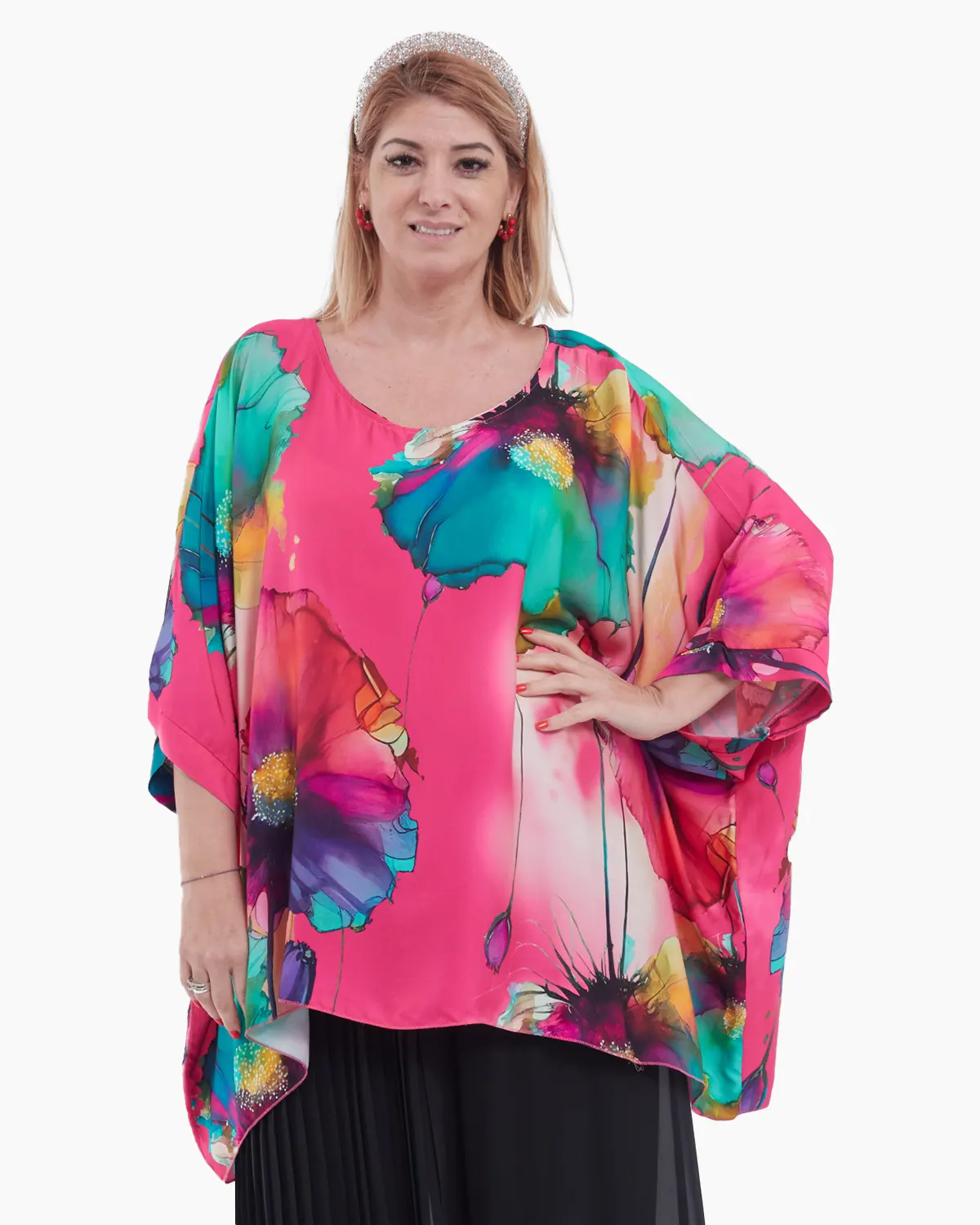 Haine damă - Bluza asimetrica eleganta cu imprimeu floral abstract, pe fond fucsia-model oversize