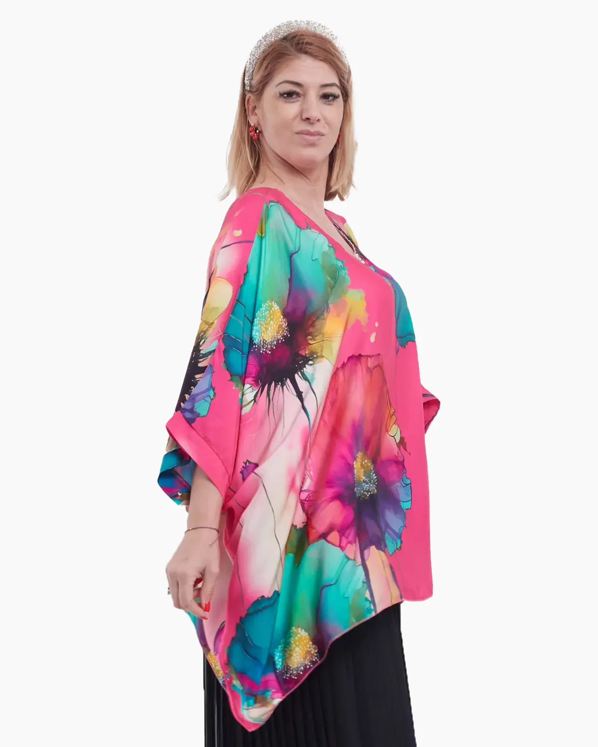Bluza asimetrica eleganta cu imprimeu floral abstract, pe fond fucsia-model oversize [1]