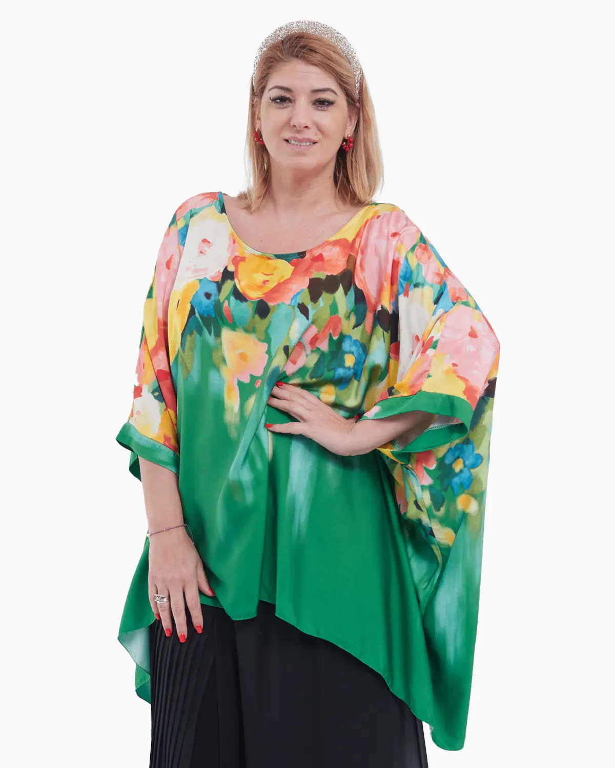 Bluza asimetrica eleganta cu imprimeu floral , pe fond verde-model oversize [1]