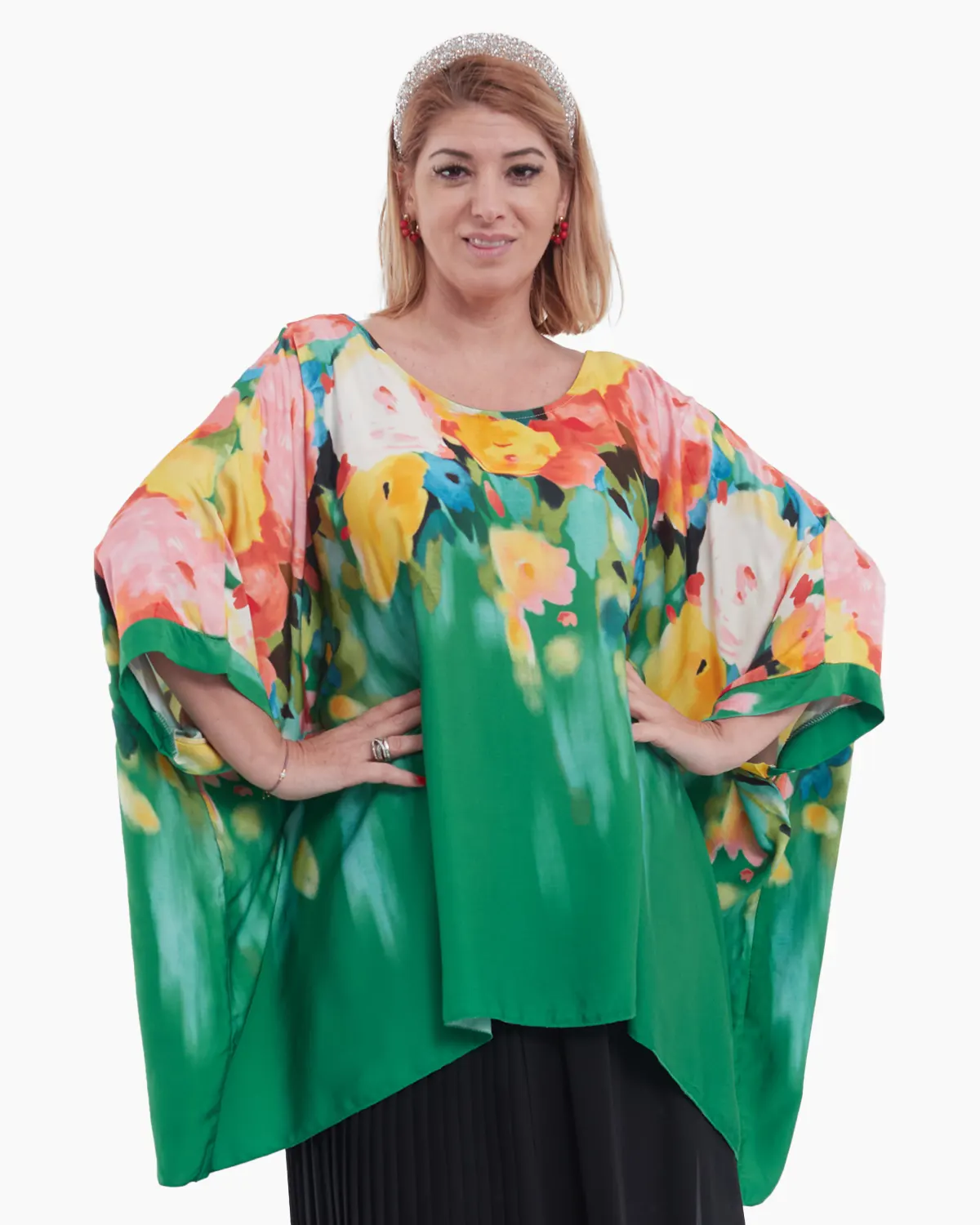 Mărimi mari - Bluza asimetrica eleganta cu imprimeu floral , pe fond verde-model oversize