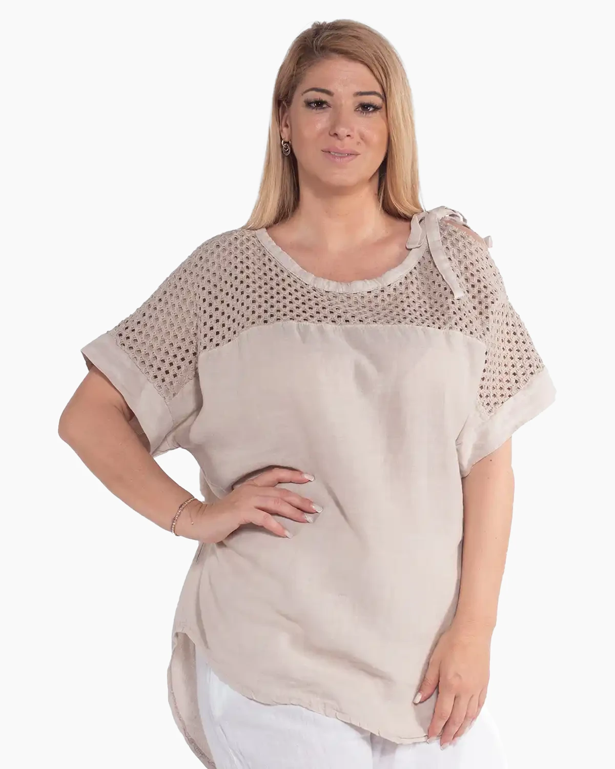 Bluze din In - Bluză bej casual din in cu design amplu și mânecă despicată