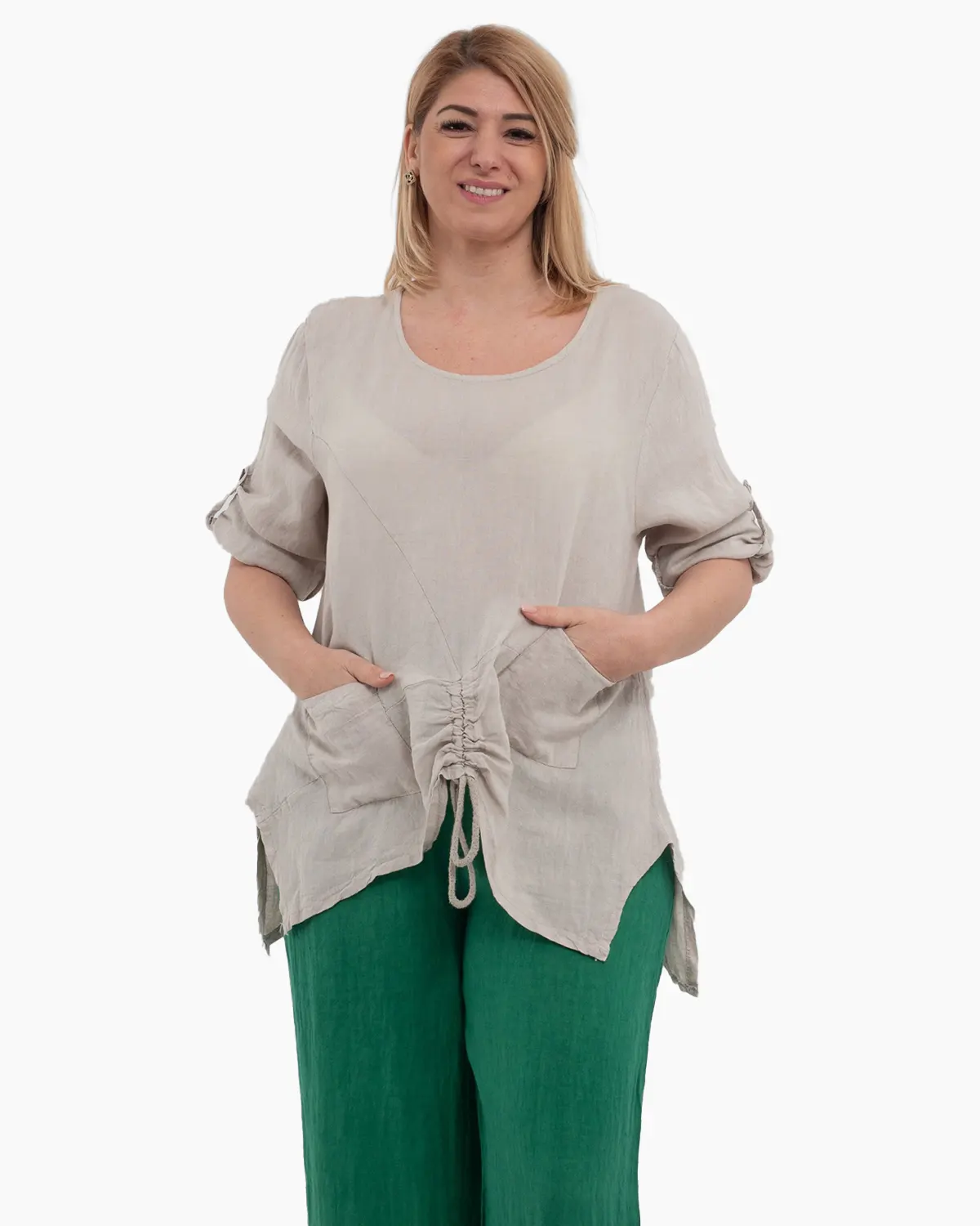 Bluze din In - Bluza bej deschis din in cu maneci trei sferturi si buzunare
