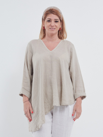 Bluze din In - Bluză bej din in cu croială asimetrică lejeră și decolteu în V pentru vară