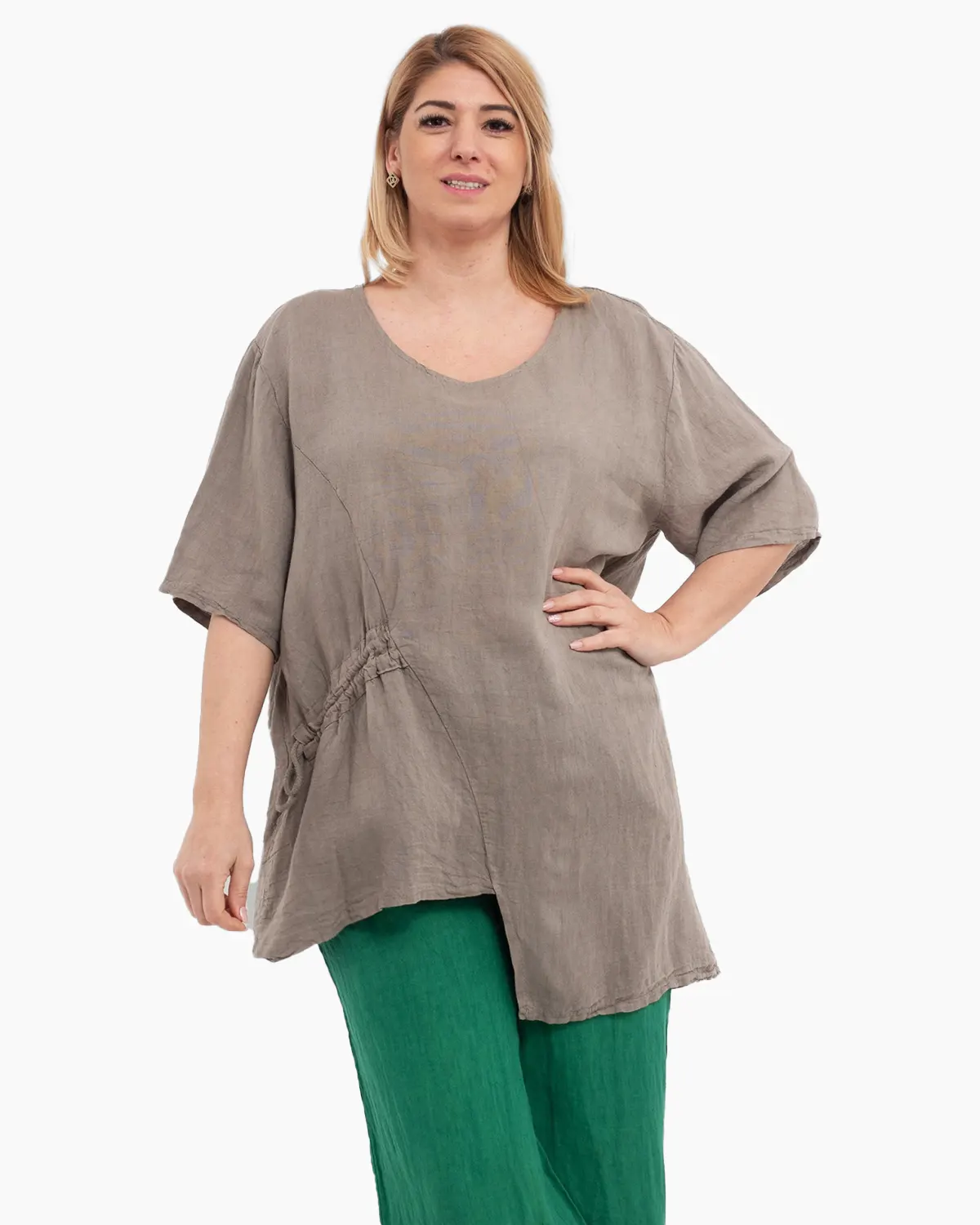 Bluze din In - Bluza bej inchis asimetrica din in cu maneci trei sferturi si snur in lateral