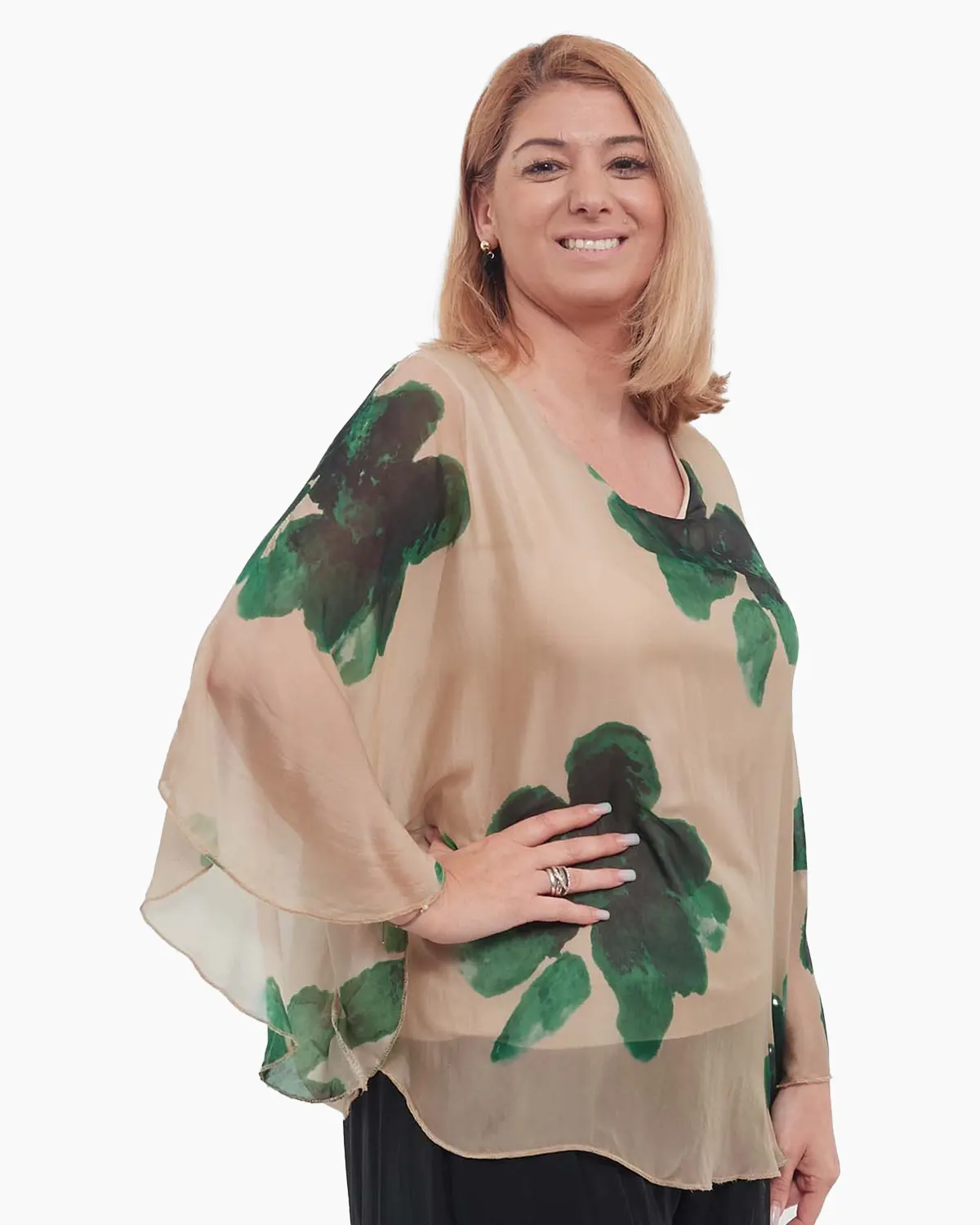 Bluză bej stil kimono cu imprimeu floral elegant [2]