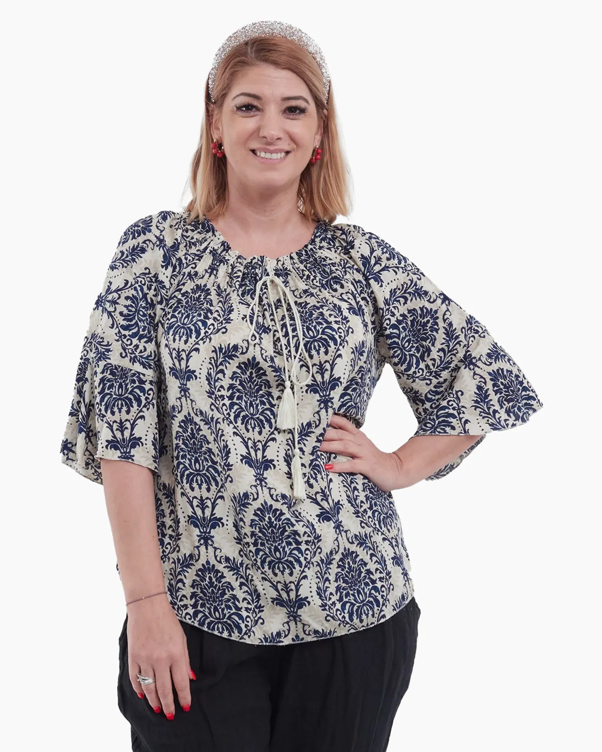 Bluze din Bumbac - Bluză bleumarin tip ie vaporoasă cu imprimeu floral, volane, ciucuri și guler cu șnur