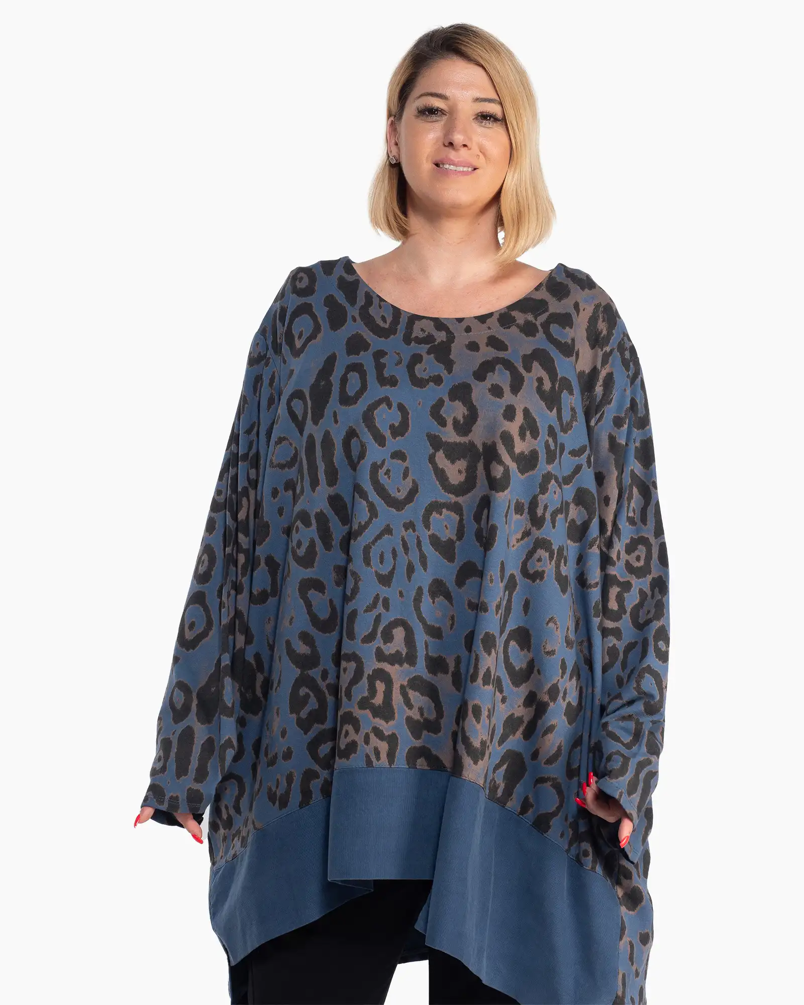 Bluze din Bumbac - Bluză casual albastră supradimensionată cu imprimeu animal print