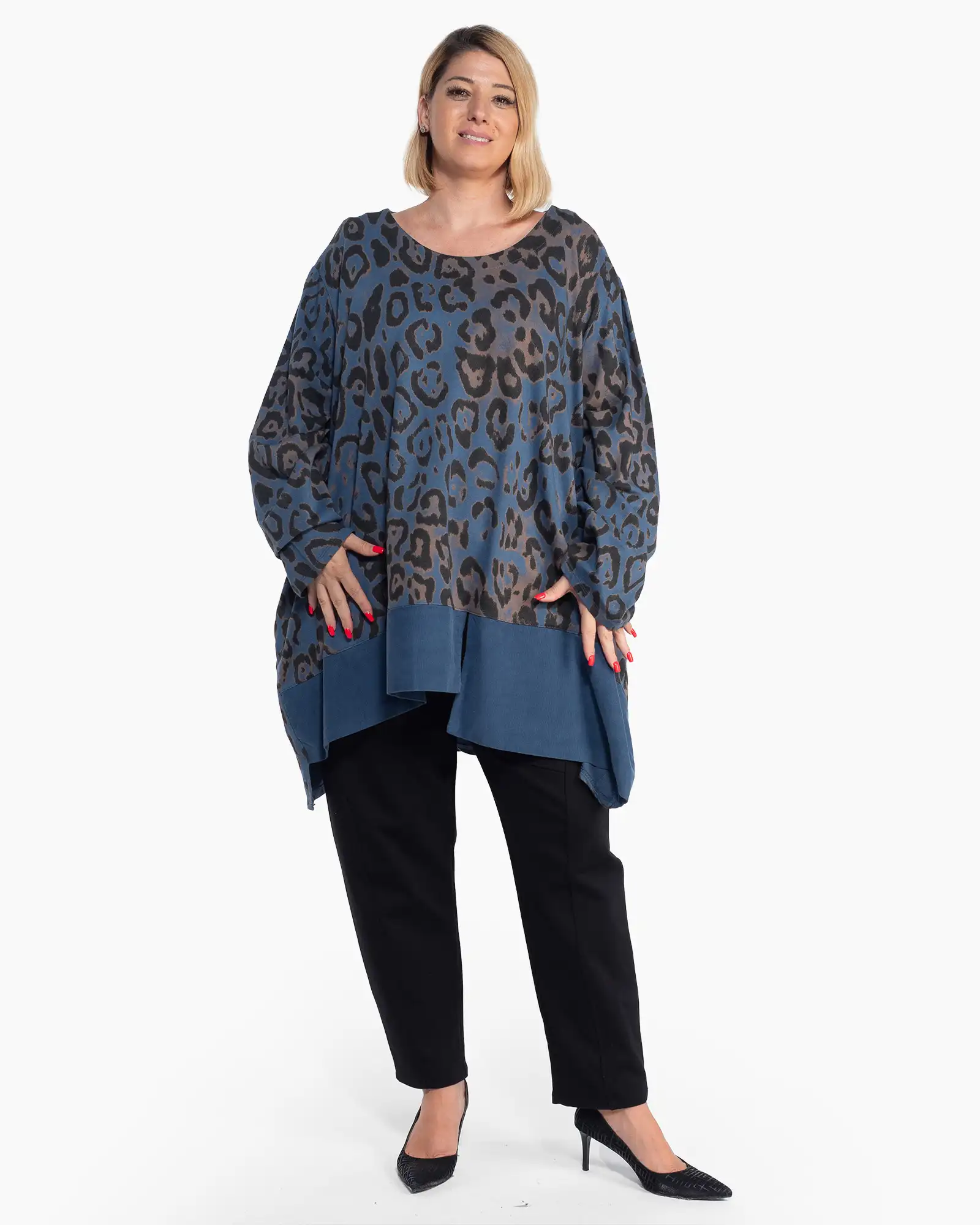 Bluză casual albastră supradimensionată cu imprimeu animal print [3]
